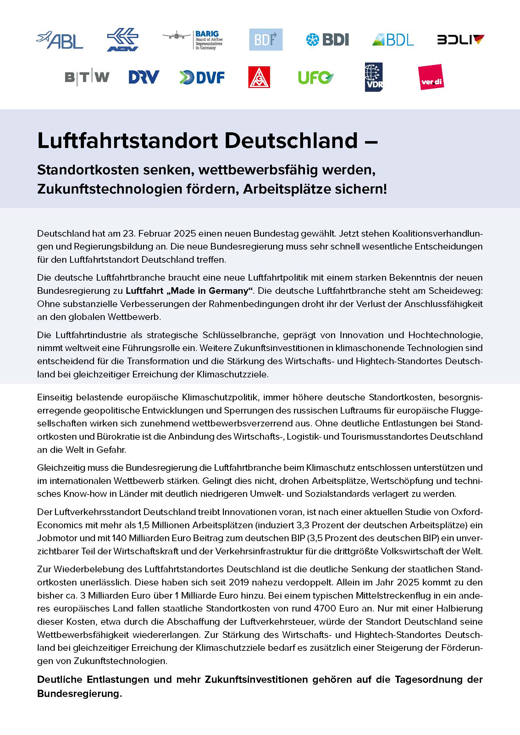 Appell Luftfahrtstandort Deutschland – Standortkosten senken, wettbewerbsfähig werden, Zukunftstechnologien fördern, Arbeitsplätze sichern!