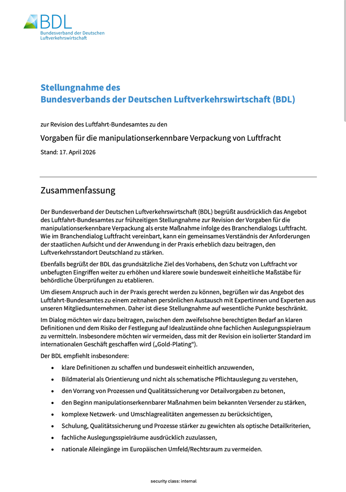 BDL-Statement zu den Vorgaben für die manipulationserkennbare Verpackung von Luftfracht